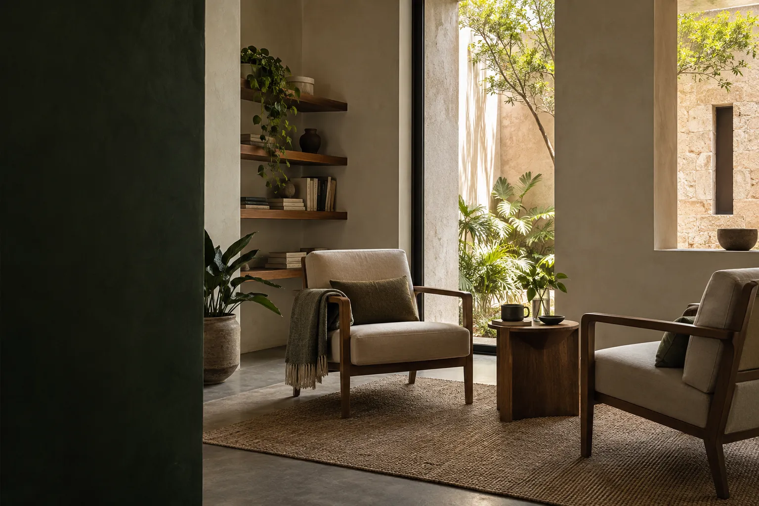 A quiet counseling room with two chairs opening onto a sunlit courtyard
