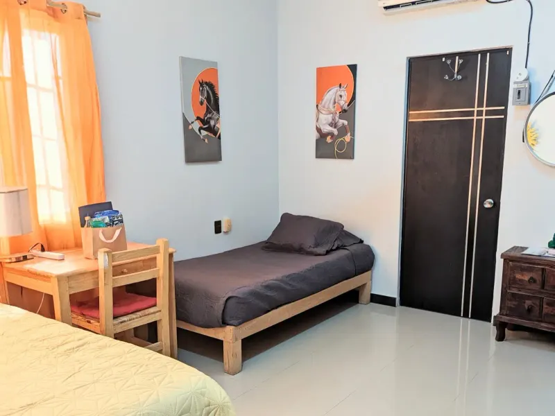 Bedroom corner with a single bed, wooden desk and horse artwork