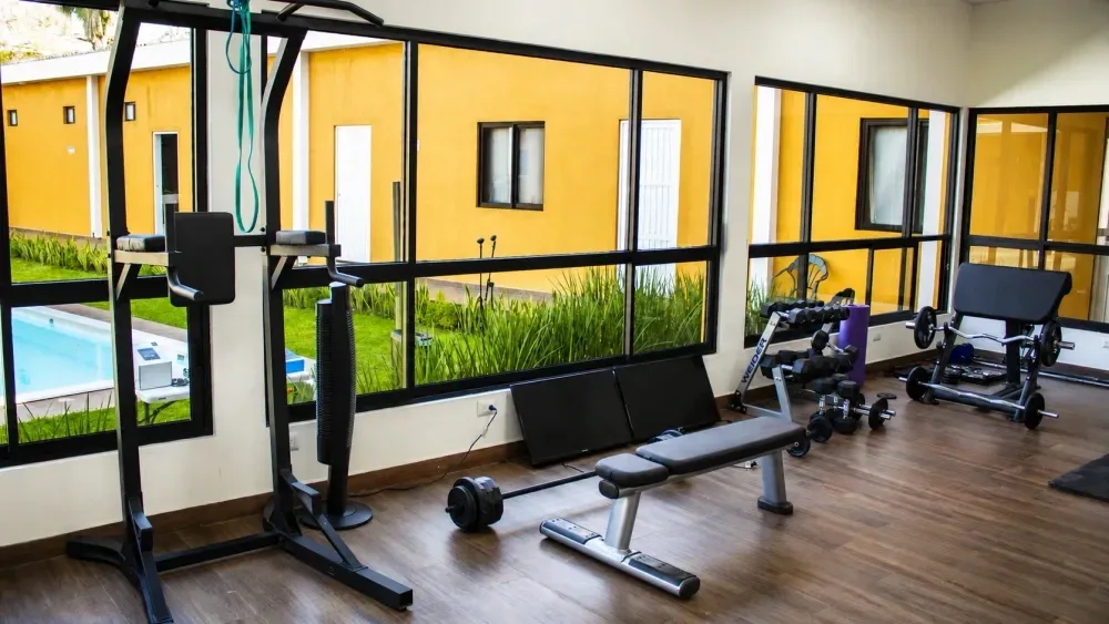 Gym with exercise equipment and large windows facing the garden