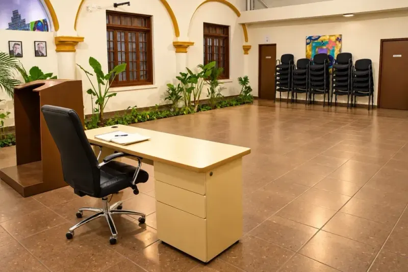 Room with a desk, a lectern and chairs for family meetings