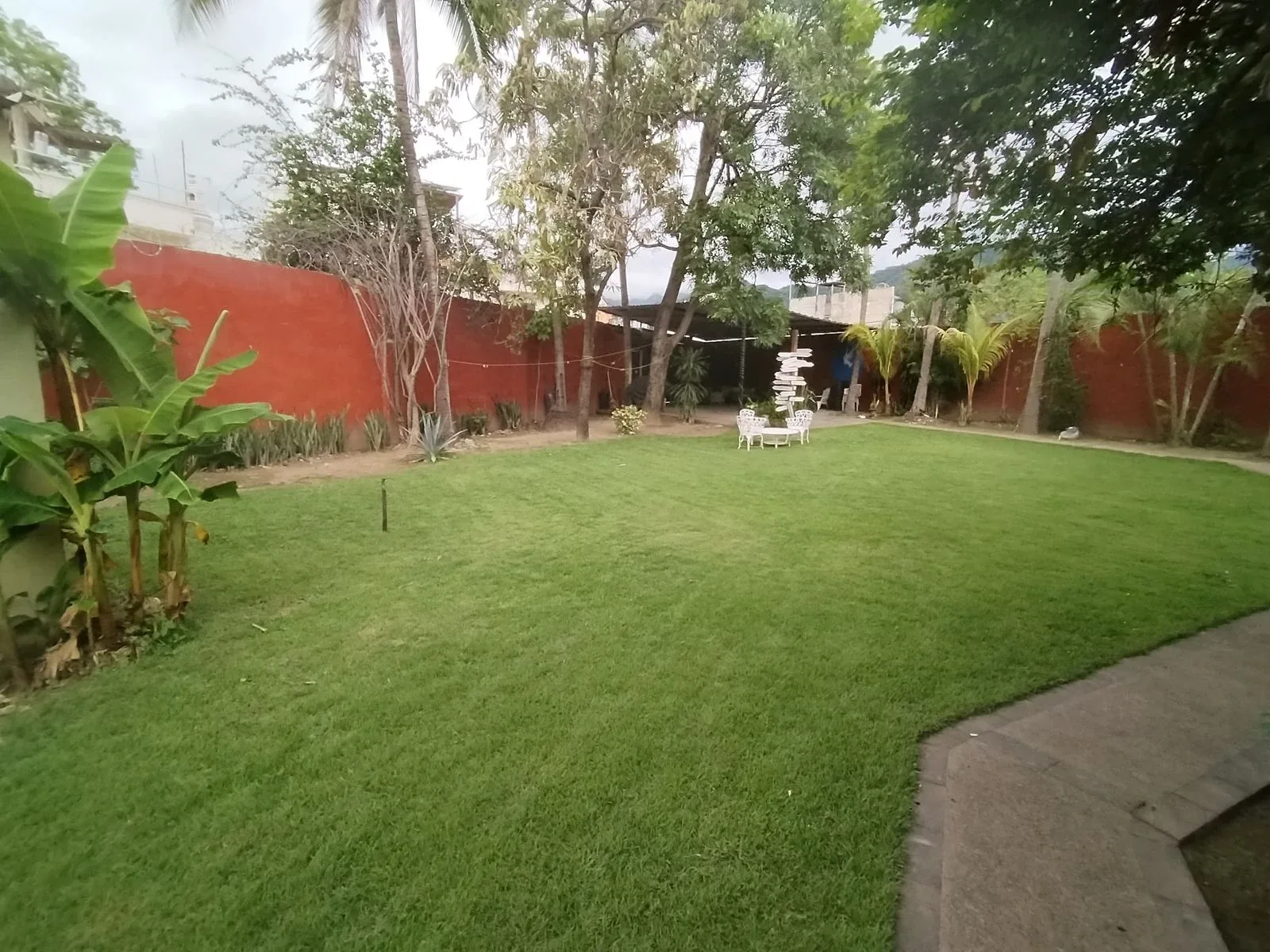 Lawn bordered by trees and garden seating