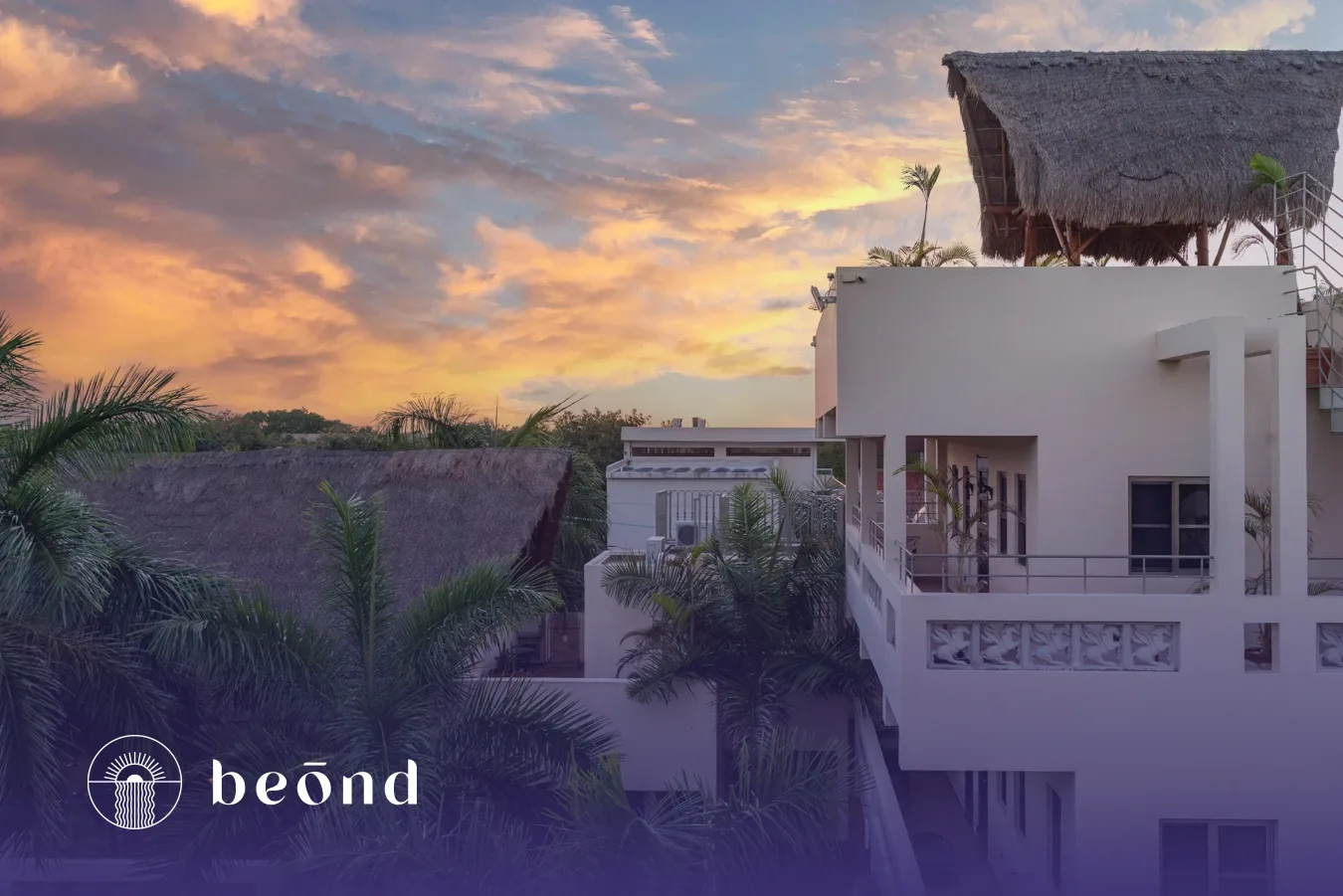 Beond residential exterior at sunset.